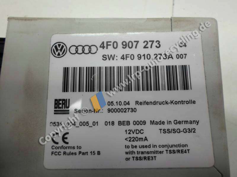 Audi A6 4F Bj.2004 Steuergerät Reifendruckkontrolle 4F0907273 Beru 053100400501